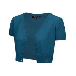 NEW YEMAK Women's Cropped Bolero Cardigan - Short Sleeve V-Neck, M, Royal Blue